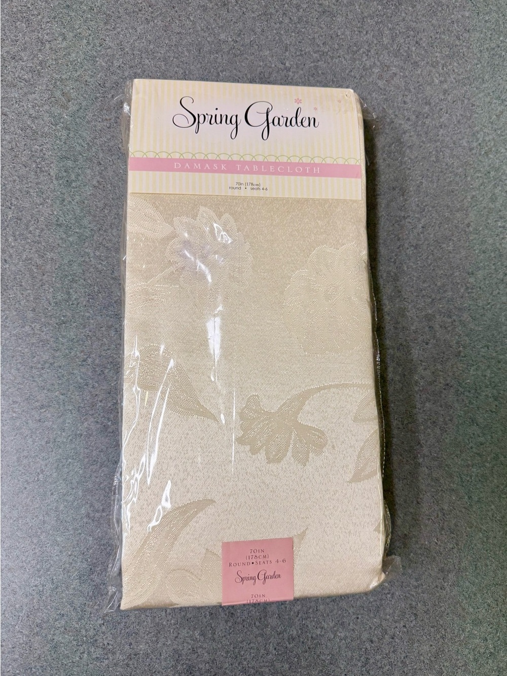 70” Round Vintage Champagne Color Damask Tablecloth by Spring Garden